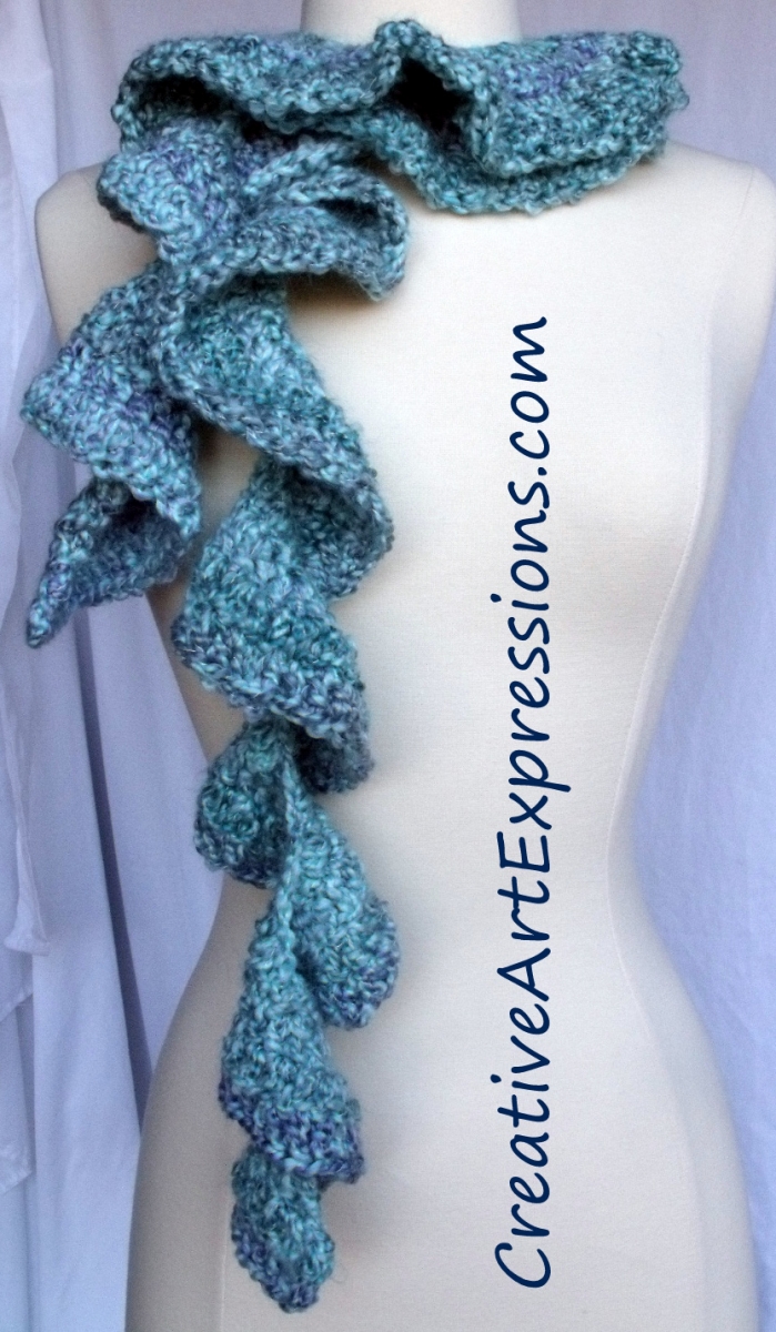 Creative Art Expressions Hand Crocheted Aqua Wavy Scarf